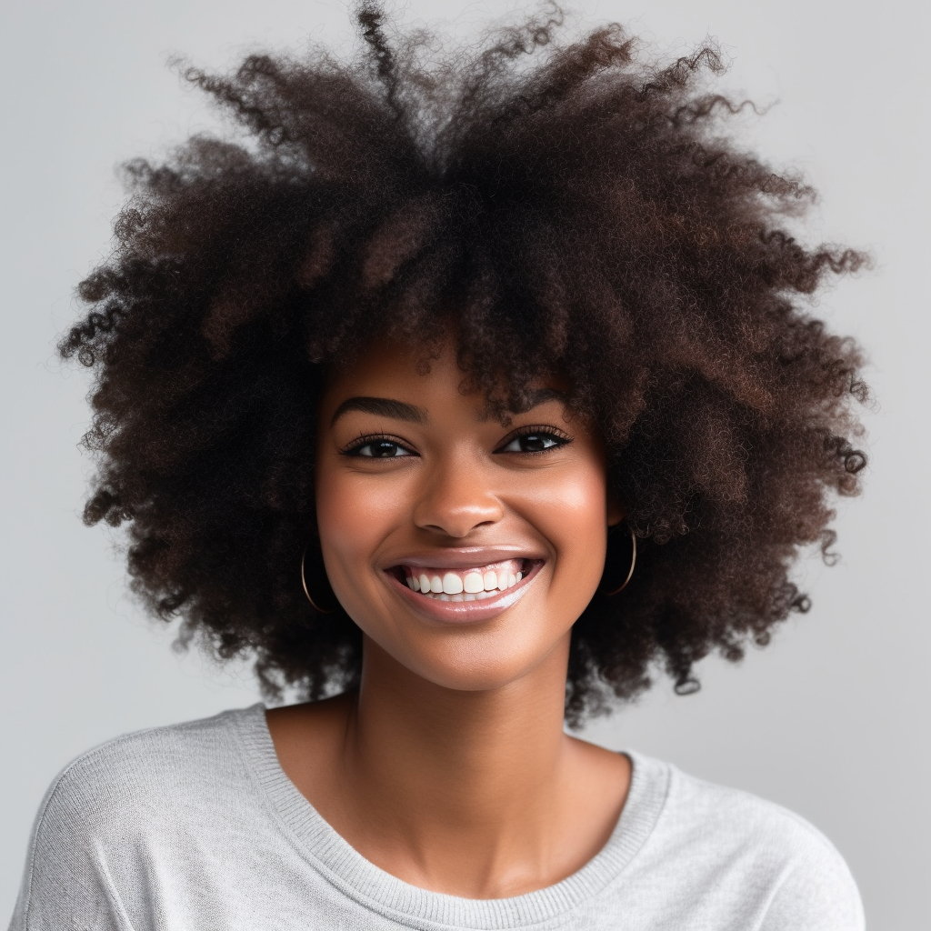 A mesmerizing portrait of a young black supermodel exuding elegance and grace, adorned with an enchanting afro hairstyle.